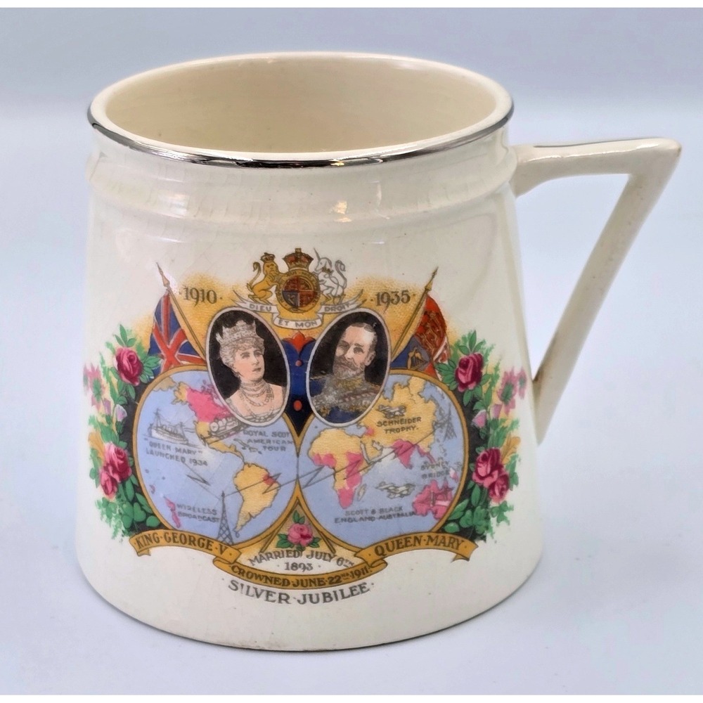 VTG Crown Devon King George Queen Mary 1935 Silver Jubilee World Map Mug TANKARD